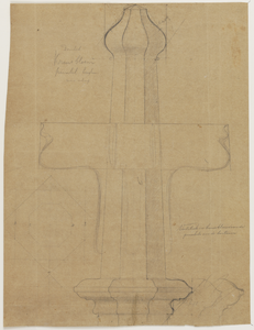 217025 Opstand van het ontwerp voor de voetstukken met kruisbloem van de pinakels aan de lantaarn van het koor van de ...
